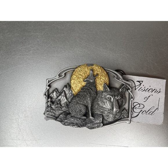 VINTAGE Siskiyou Belt Buckle Wolf Howling Full Moon Made In USA 18KT Gold New! - Picture 4 of 6
